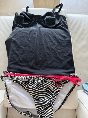 Freya Black Tankini Top with Zebra Print Bikini Bottom and Pink Trim